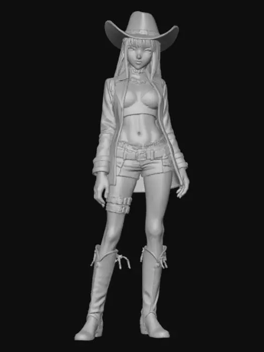 3D model for High detail, anime cowgirl, wearing leather outfit, posed in an action pose, standing on a detailed wooden base.