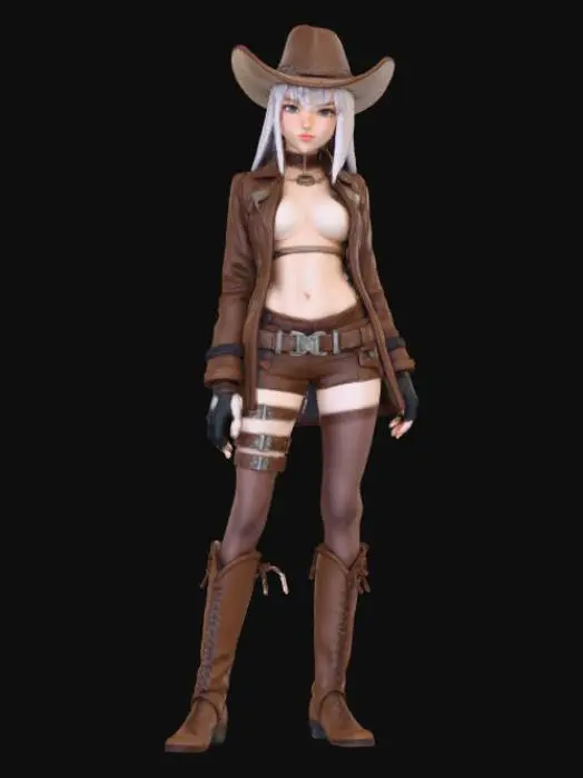 3D model for High detail, anime cowgirl, wearing leather outfit, posed in an action pose, standing on a detailed wooden base.