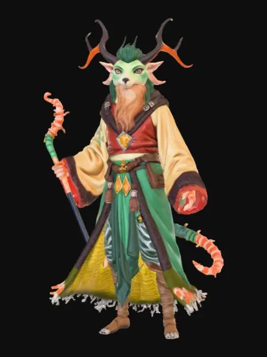 3D model for High detail, Fantasy, Fey Creature, wearing high detail adventurer clothes, standing on high detailed base, in action pose.