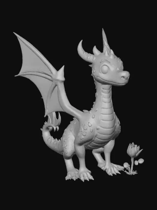 3D model for A high-quality 3D render in a chunky world of warcraft/blizzard art style. Use the exact same pose, proportions, body alignment, and camera angle as the reference: a clean left-side orthographic profile with zero perspective distortion. The creature lies completely flat on its belly with its head resting fully on the ground, neck extended forward, body forming a perfectly straight horizontal line from nose to tail, and all four legs splayed outward in a relaxed, natural position. The front legs angle slightly forward and outward, and the back legs angle slightly backward and outward. Maintain perfect left-right symmetry, smooth rounded shapes, simple soft lighting, and a neutral background. Now recreate this same fixed pose and style, but as a winged dragon, keeping the vinyl texture