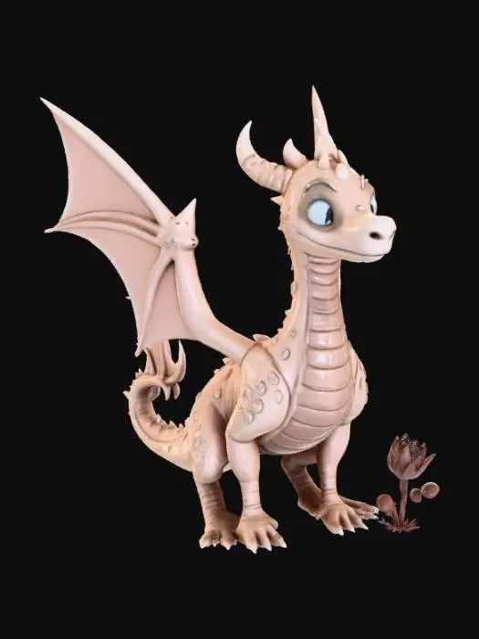 3D model for A high-quality 3D render in a chunky world of warcraft/blizzard art style. Use the exact same pose, proportions, body alignment, and camera angle as the reference: a clean left-side orthographic profile with zero perspective distortion. The creature lies completely flat on its belly with its head resting fully on the ground, neck extended forward, body forming a perfectly straight horizontal line from nose to tail, and all four legs splayed outward in a relaxed, natural position. The front legs angle slightly forward and outward, and the back legs angle slightly backward and outward. Maintain perfect left-right symmetry, smooth rounded shapes, simple soft lighting, and a neutral background. Now recreate this same fixed pose and style, but as a winged dragon, keeping the vinyl texture