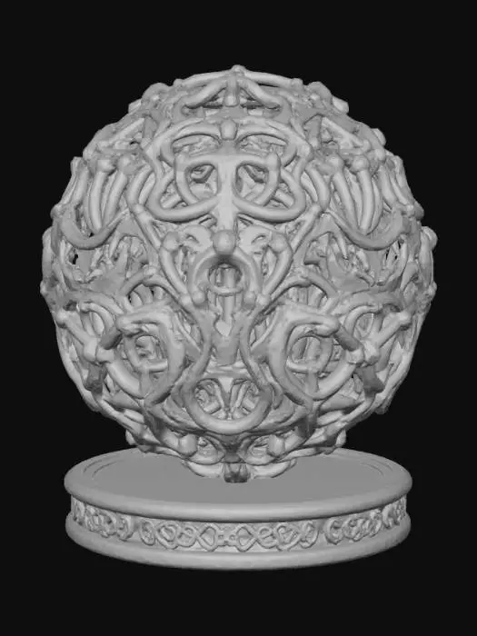 3D model for High detail, line art, connected to a wooden detailed base