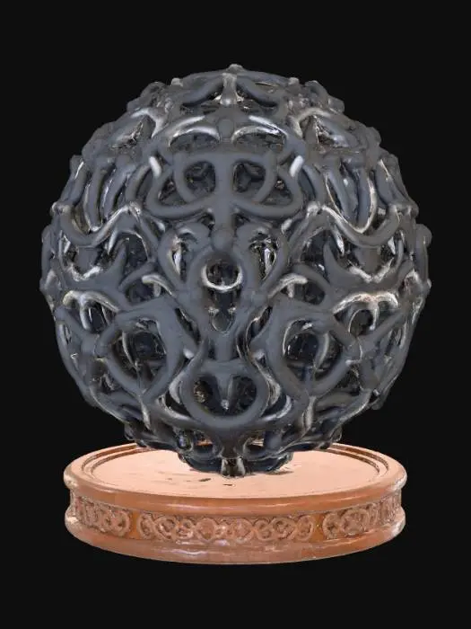 3D model for High detail, line art, connected to a wooden detailed base