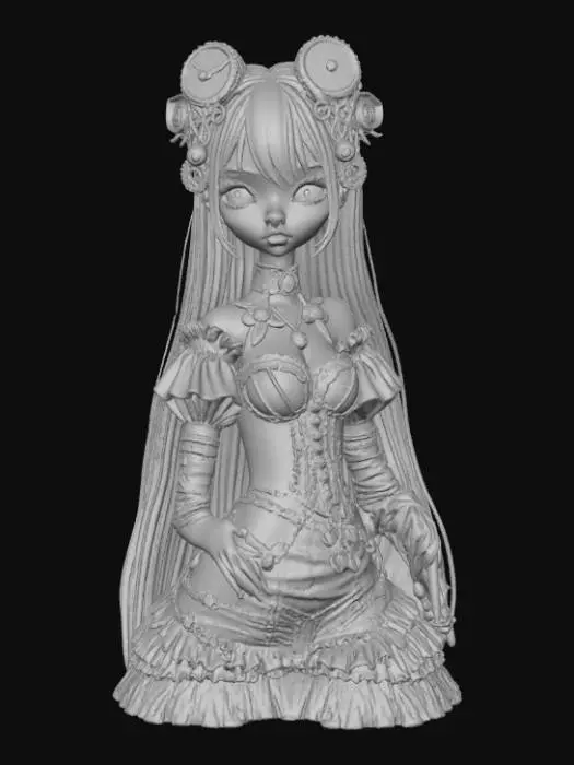 3D model for High detail, female anime figure, with gothic clockwork design