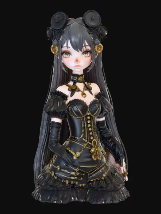 3D model for High detail, female anime figure, with gothic clockwork design