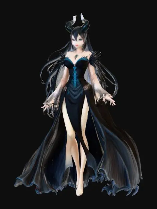 3D model for High detail, abstract, posed in action, anime style, female transforming into a shadow demon queen.