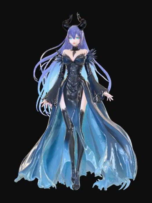 3D model for High detail, abstract, posed in action, anime style, female transforming into a shadow demon queen.