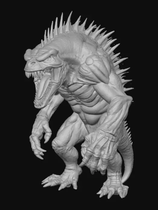 3D model for High detail, Saw toothed monster, posed on a rocky terrain.