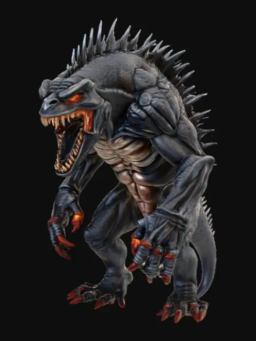 3D model for High detail, Saw toothed monster, posed on a rocky terrain.