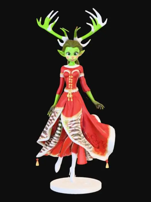 3D model for High detail, Fantasy, Fey Creature, wearing high detail christmas clothes, standing on high detailed base, in action pose