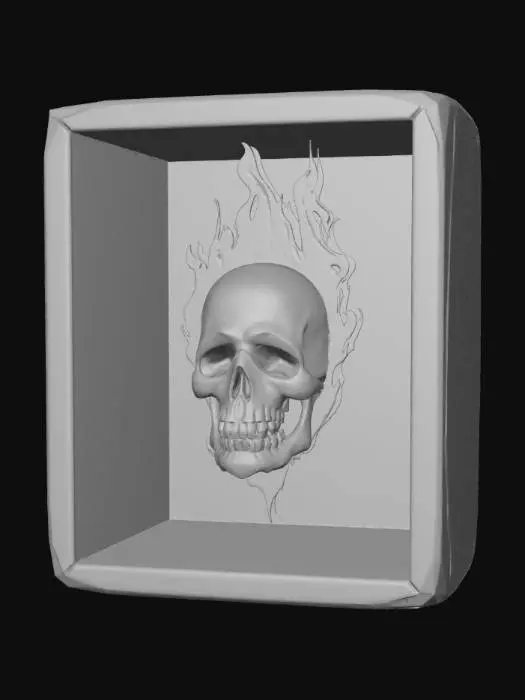 3D model for High detail, skull, beinging suspended in the center by flames, inside a wooden hollow box, with no front or back walls.