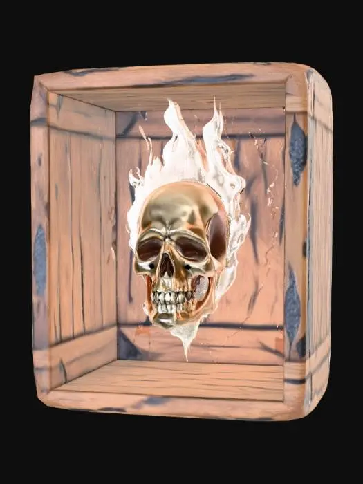 3D model for High detail, skull, beinging suspended in the center by flames, inside a wooden hollow box, with no front or back walls.