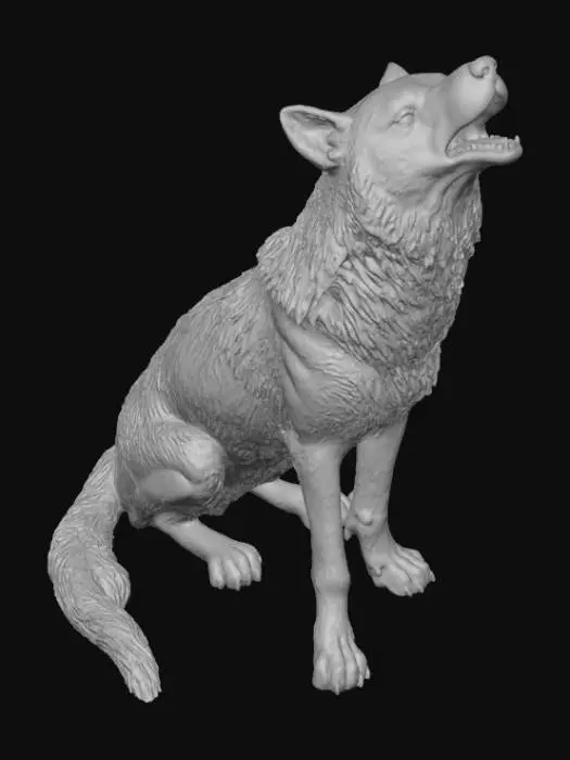 3D model for High detail, Howling Wolf, with a high detail, engraved forest mural, carved into the side of the wolf.
