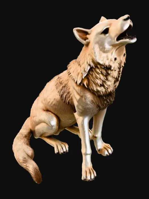 3D model for High detail, Howling Wolf, with a high detail, engraved forest mural, carved into the side of the wolf.