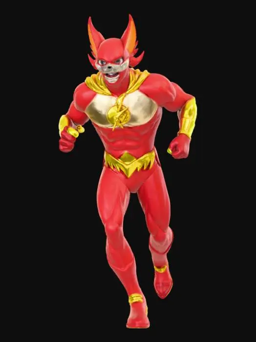 3D model for High deatil, The Flash, as an anime fey fox, posed on a theme oriented detailed stand.