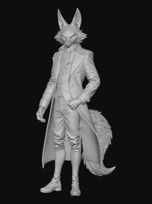 3D model for High deatil, John Wick, as an anime fey fox, posed on a theme oriented detailed stand.
