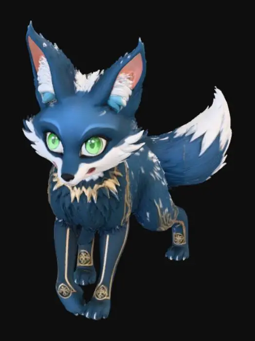 3D model for High deatil, John Wick, as an anime fey fox, posed on a theme oriented detailed stand.