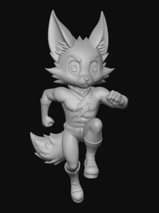 3D model for High deatil, The Flash, as an anime fey fox, posed on a theme oriented detailed stand.