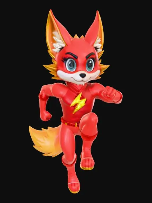 3D model for High deatil, The Flash, as an anime fey fox, posed on a theme oriented detailed stand.