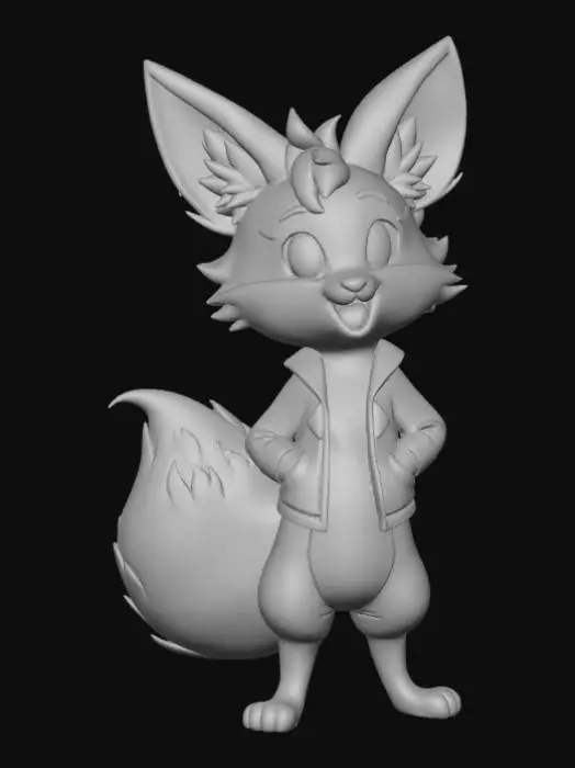 3D model for High deatil, "Weird Al" Yankovic, as an anime fey fox, posed on a theme oriented detailed stand.