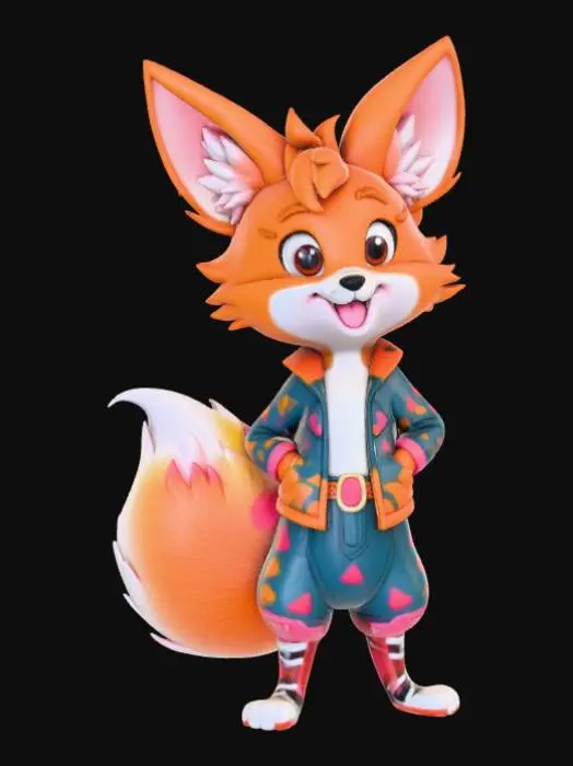 3D model for High deatil, "Weird Al" Yankovic, as an anime fey fox, posed on a theme oriented detailed stand.