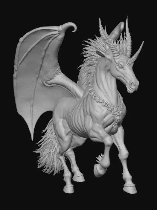 3D model for Abstract detail, massive, demon unicorn, posed on detailed hellscape base
