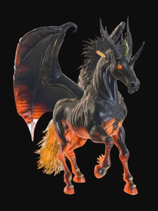 3D model for Abstract detail, massive, demon unicorn, posed on detailed hellscape base