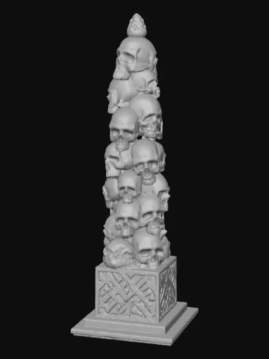 3D model for High detail, ornate, embelished, abstract spire, designed like a pile of skulls, set on a tombstone square base.