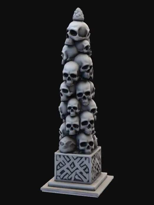 3D model for High detail, ornate, embelished, abstract spire, designed like a pile of skulls, set on a tombstone square base.
