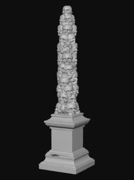 3D model for High detail, ornate, embelished, abstract spire, designed like a pile of skulls, set on a tombstone square base.