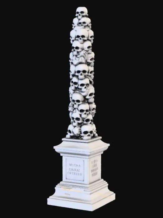 3D model for High detail, ornate, embelished, abstract spire, designed like a pile of skulls, set on a tombstone square base.