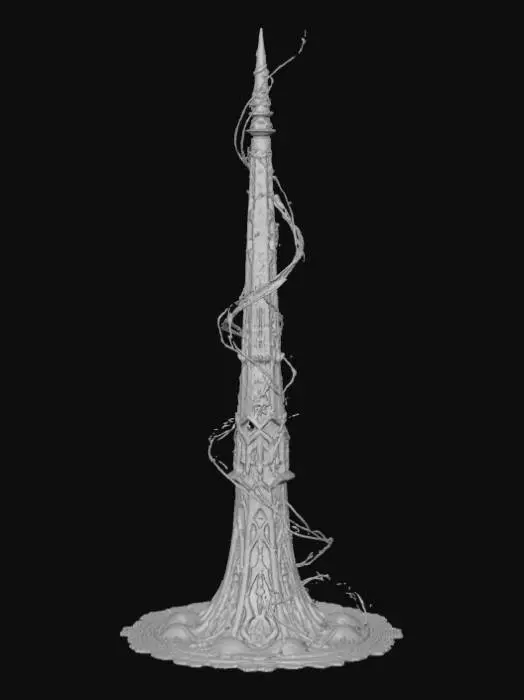 3D model for High detail, ornate, embelished, abstract spire, designed like a magical flow, spewing out of the base.