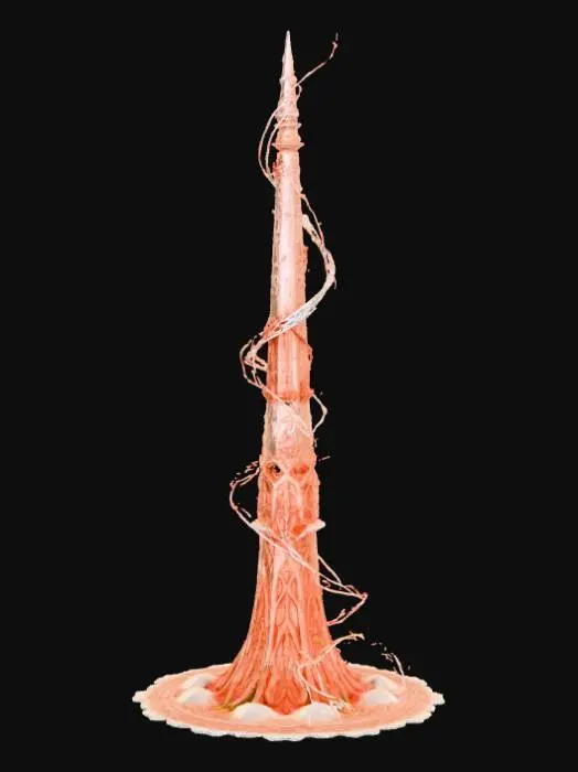 3D model for High detail, ornate, embelished, abstract spire, designed like a magical flow, spewing out of the base.