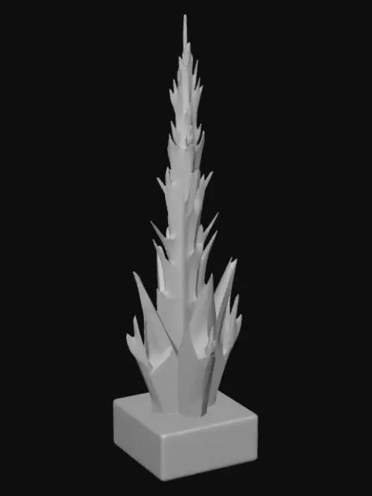 3D model for High detail, abstract spire, designed like a lightning strike, displayed on a dark wood base.