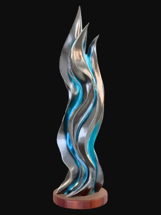 3D model for High detail, abstract spire, designed like a lightning strike, displayed on a dark wood base.