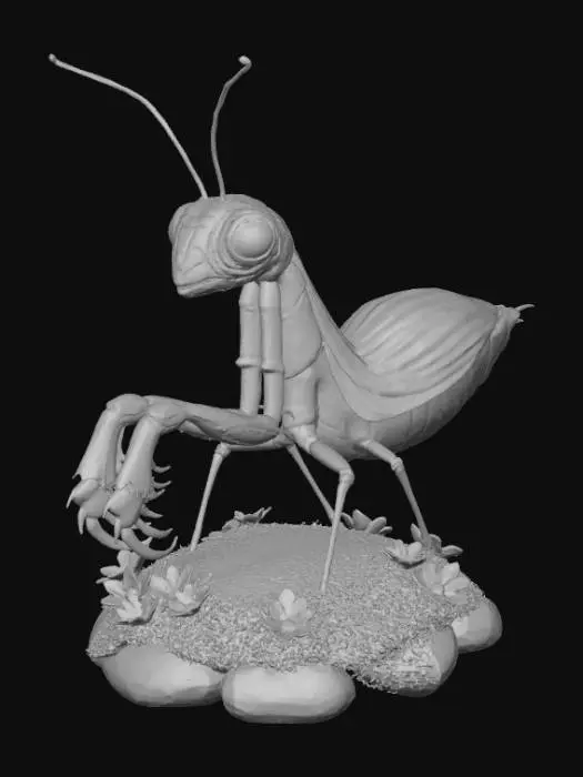 3D model for Smooth detail, kawaii, mimic mantis, posed on a nature style base.
