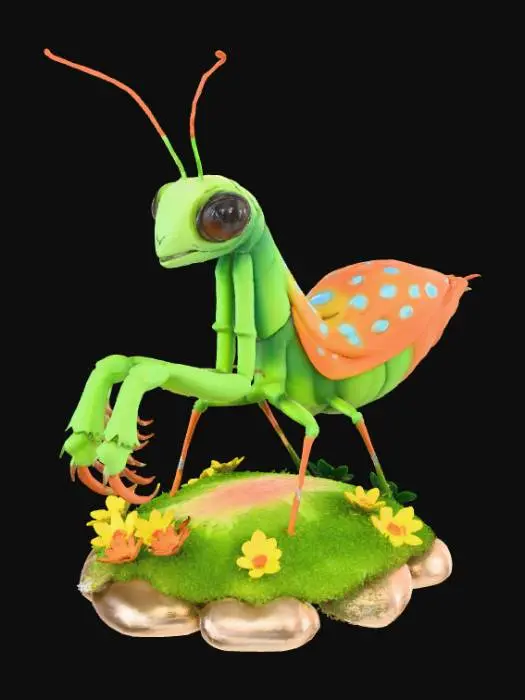3D model for Smooth detail, kawaii, mimic mantis, posed on a nature style base.
