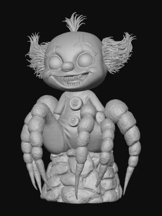 3D model for Smooth detail, kawaii, creepy, spider clown, posed on a dungeon style base.