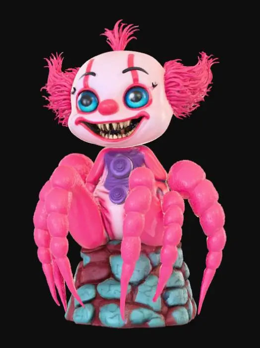 3D model for Smooth detail, kawaii, creepy, spider clown, posed on a dungeon style base.