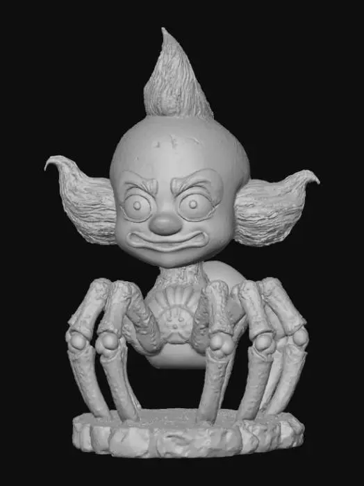 3D model for Smooth detail, kawaii, creepy, spider clown, posed on a dungeon style base.