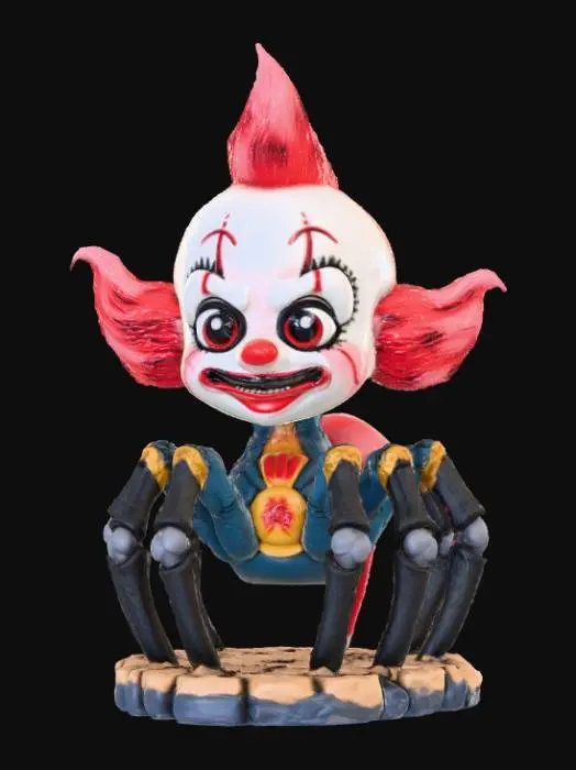3D model for Smooth detail, kawaii, creepy, spider clown, posed on a dungeon style base.