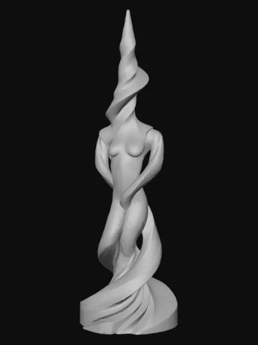 3D model for High detail, Abstract, spire, designed to style anatomy theme, placed on a dark oak wood base.