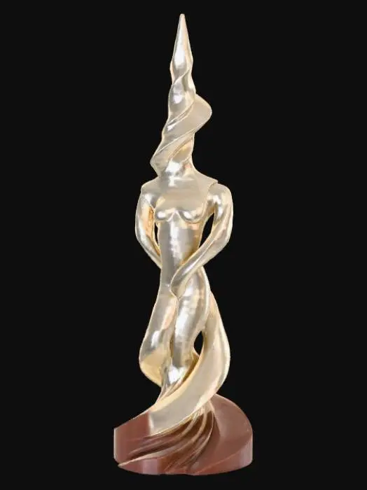 3D model for High detail, Abstract, spire, designed to style anatomy theme, placed on a dark oak wood base.