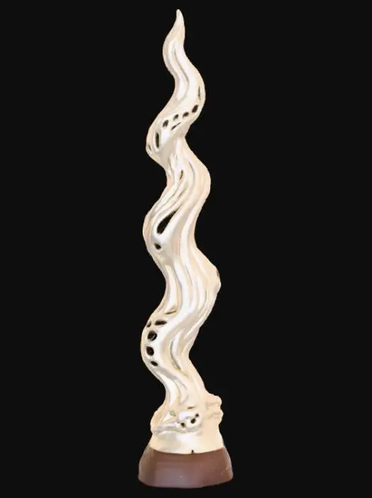 3D model for High detail, Abstract, spire, designed to style anatomy theme, placed on a dark oak wood base.