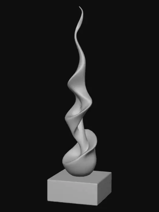 3D model for High detail, Abstract, spire, designed as a fluid splash, placed on a dark oak wood base.