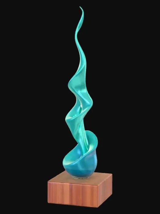 3D model for High detail, Abstract, spire, designed as a fluid splash, placed on a dark oak wood base.