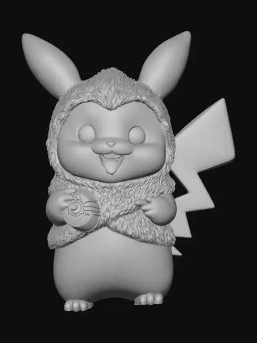 3D model for High detail, wookie pikachu, posed on a fallen wooden log base.