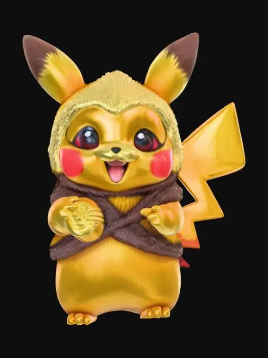 3D model for High detail, wookie pikachu, posed on a fallen wooden log base.