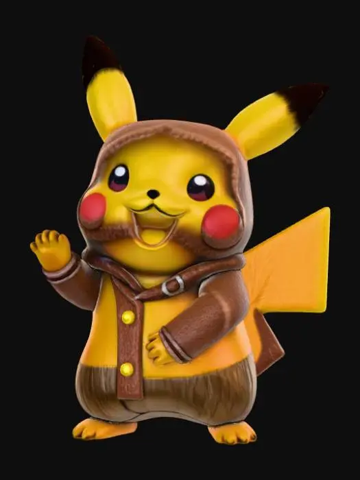 3D model for High detail, Ewok pikachu, posed on a fallen wooden log base.