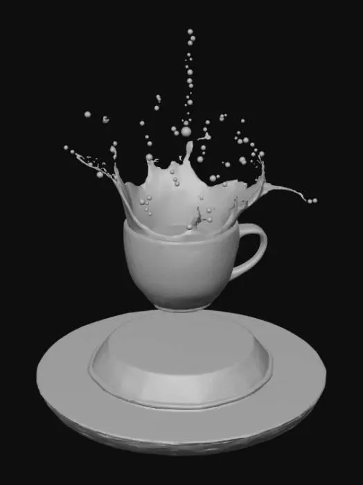 3D model for High detail, floating cup of coffee, pouring coffee out, from a mid height, splashing a circular splash, onto a wooden display base.